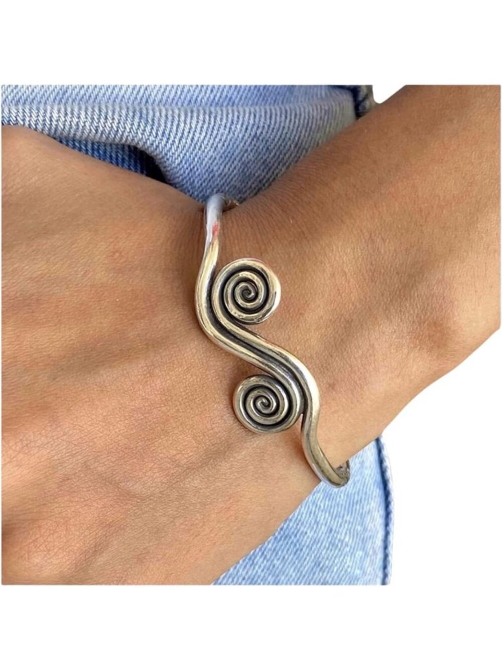 Boho Sterling Silver Cuff Bracelet with Spirals & Engravings, Adjustable Ethnic